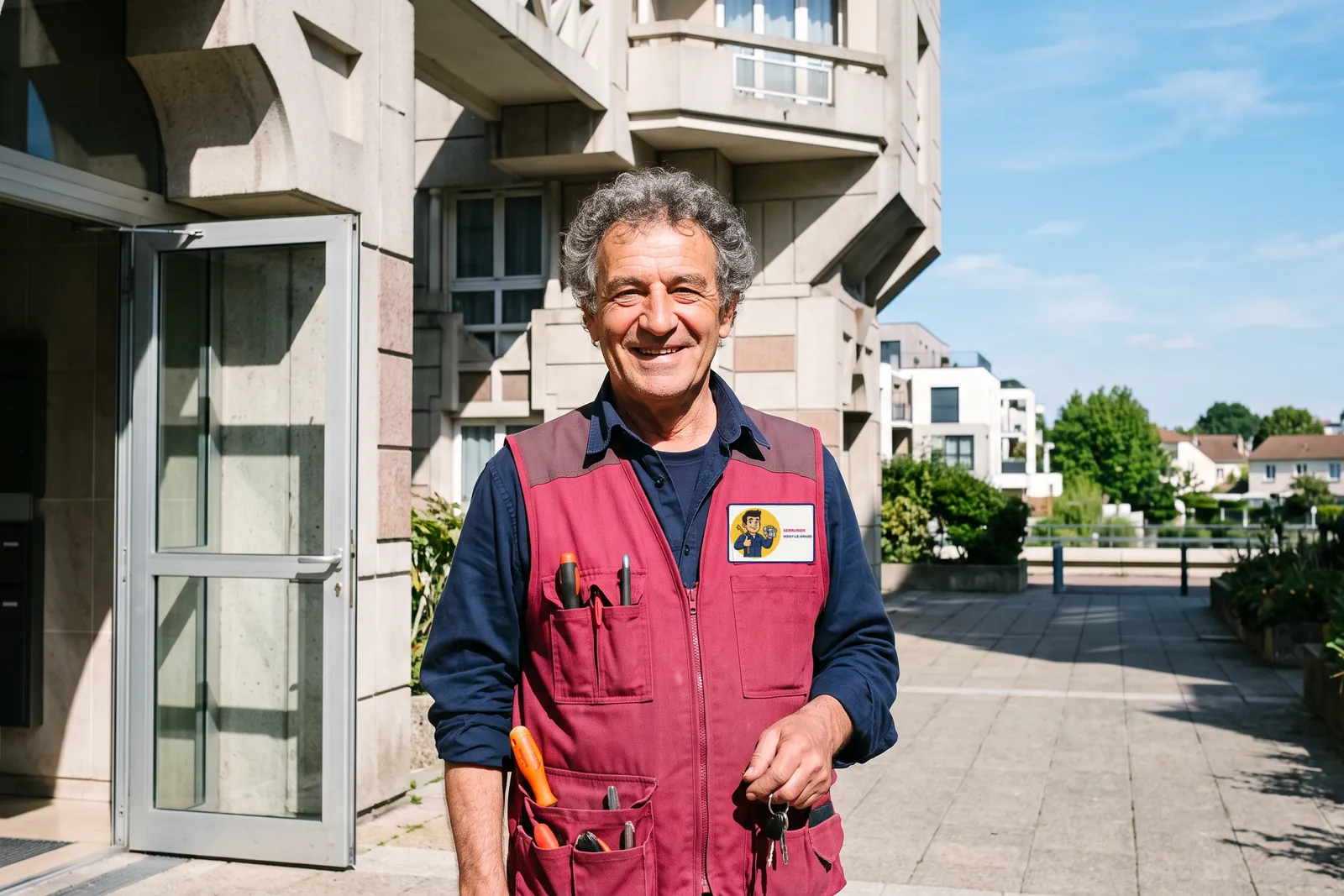 Votre serrurier à Noisy-le-Grand devant l'entrée d'une résidence, gilet de travail aux couleurs de Serrurier Noisy-le-Grand