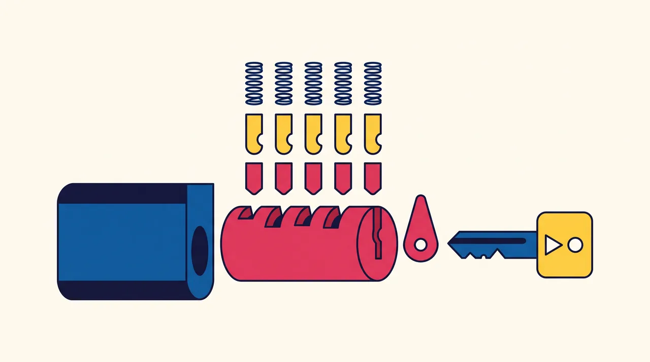 Illustration géométrique d'un cylindre européen éclaté : corps, rotor, goupilles et clé