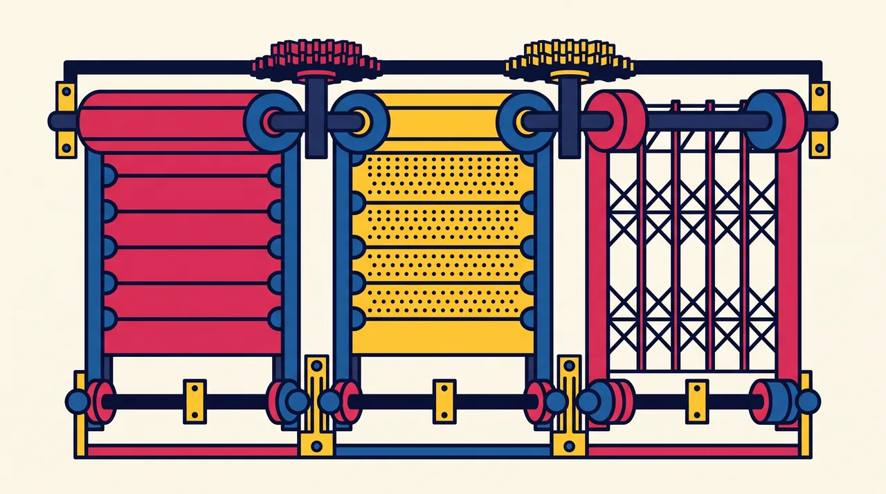 Illustration géométrique de trois types de lames de rideau métallique : pleines, micro-perforées et grille