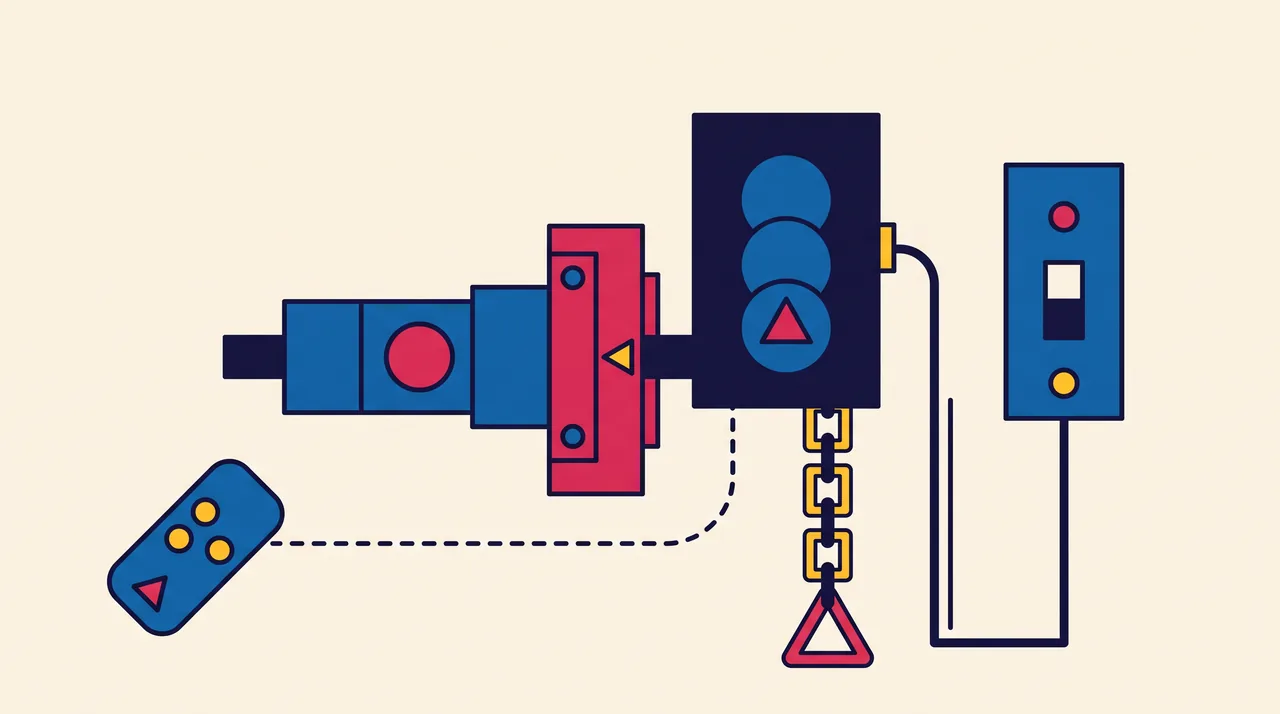 Illustration géométrique d'une motorisation de rideau métallique : moteur central, boîtier à clé et télécommande