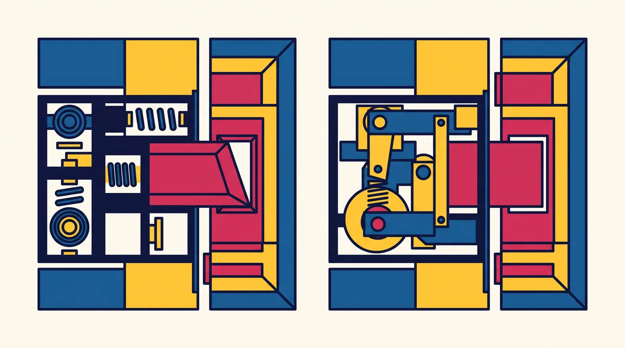 Illustration géométrique comparant une porte claquée et une porte fermée à clé vues en coupe
