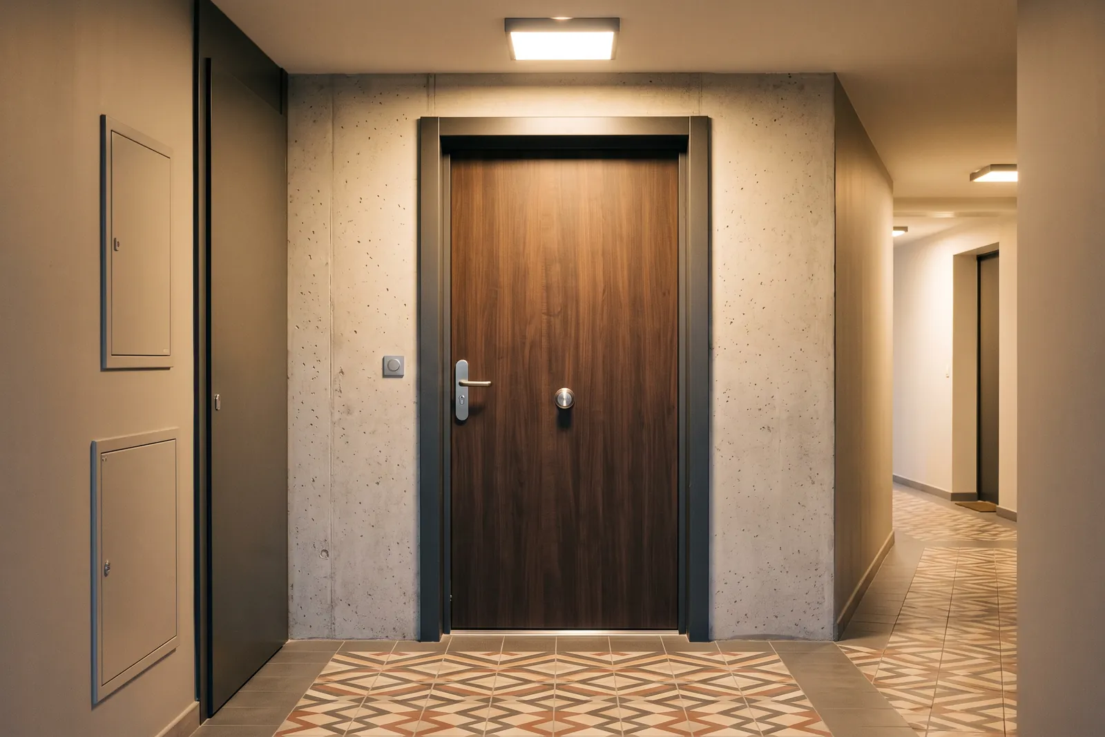 Porte d'appartement fermée sur le palier d'une résidence le soir à Noisy-le-Grand