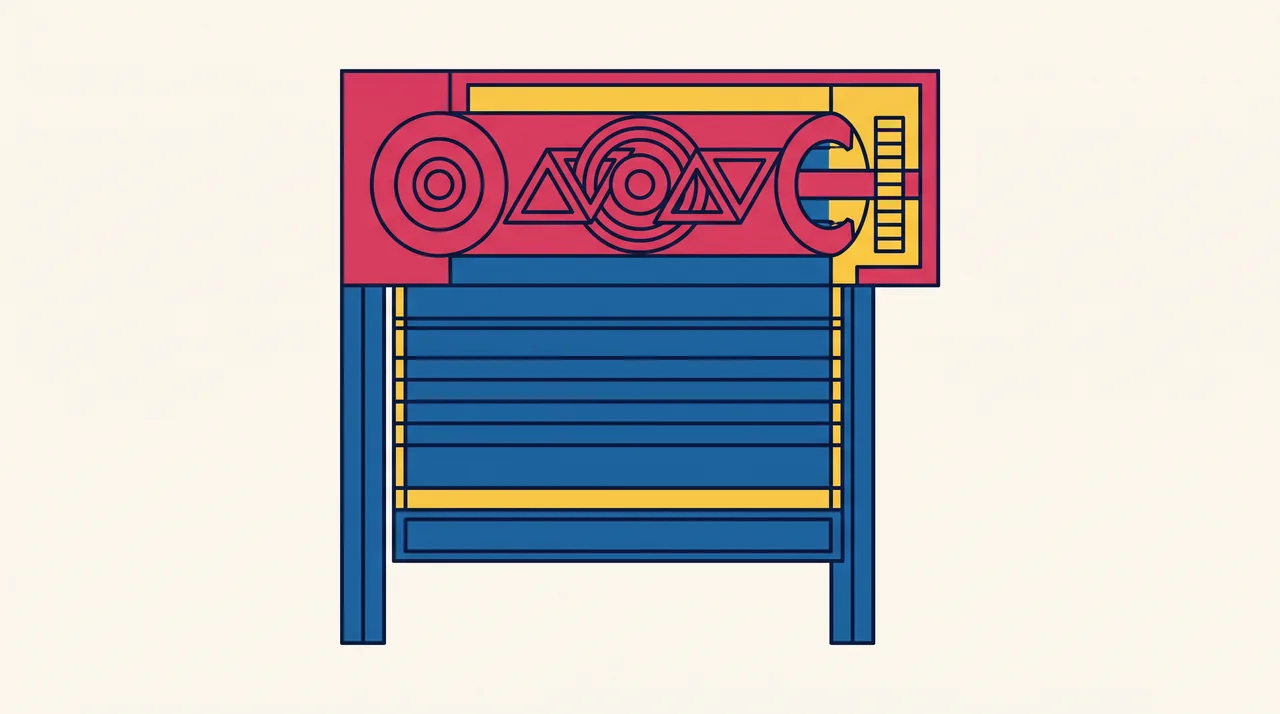 Illustration géométrique d'un rideau métallique : axe d'enroulement, ressorts et coulisses