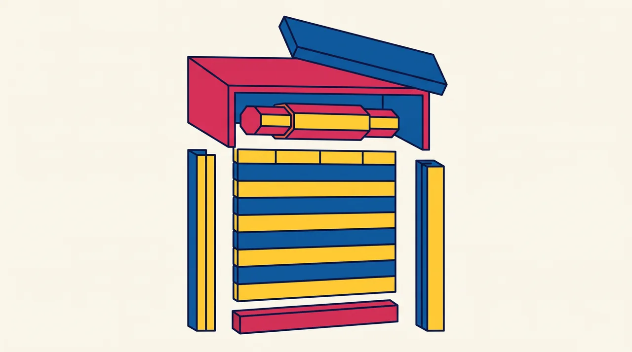 Illustration géométrique éclatée d'un volet roulant : coffre, axe, tablier et coulisses