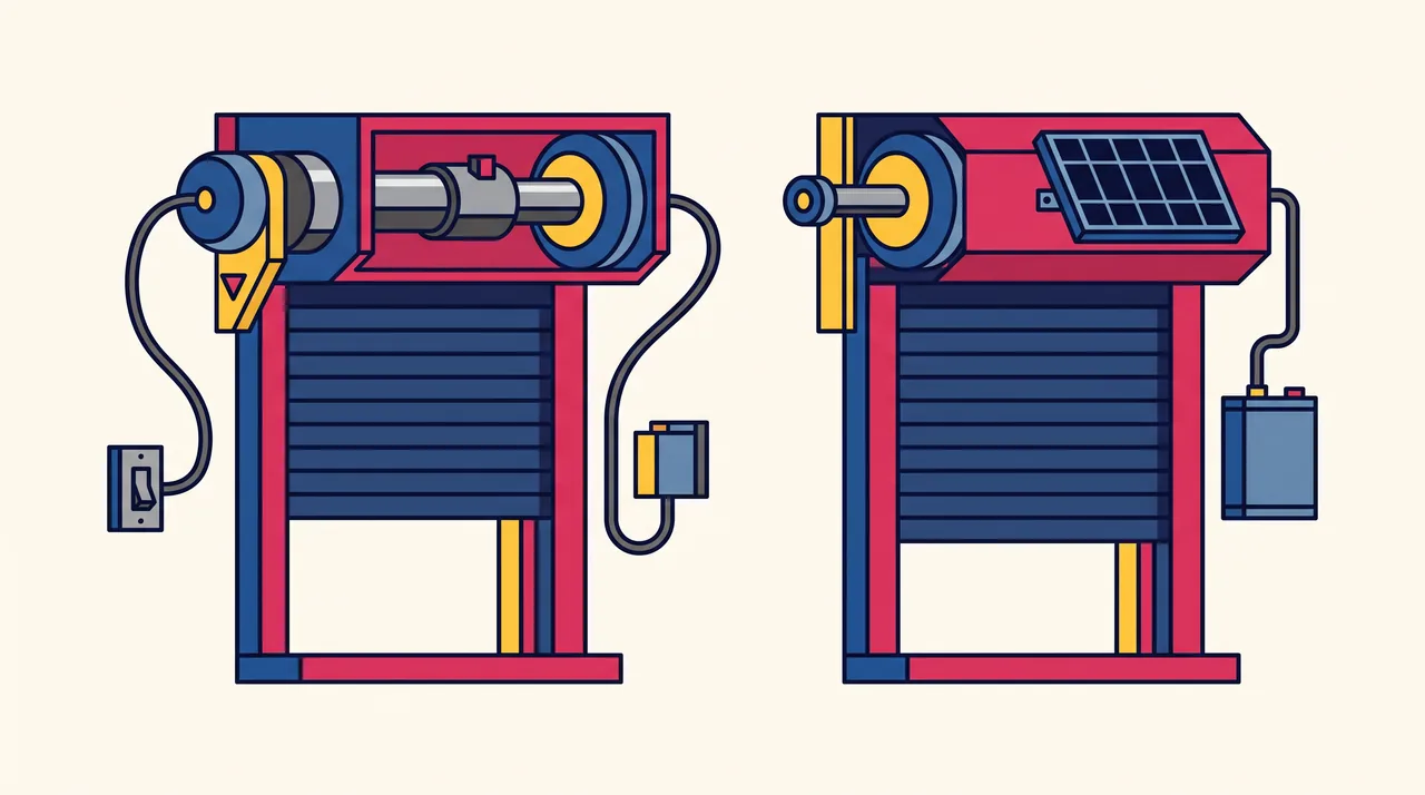 Illustration géométrique comparant un volet roulant électrique filaire et un volet solaire